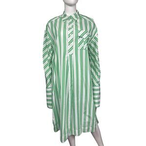 Ganni Women's 38 Kelly Green White Stripe Cotton Oversized Slit Shirt Dress EUC